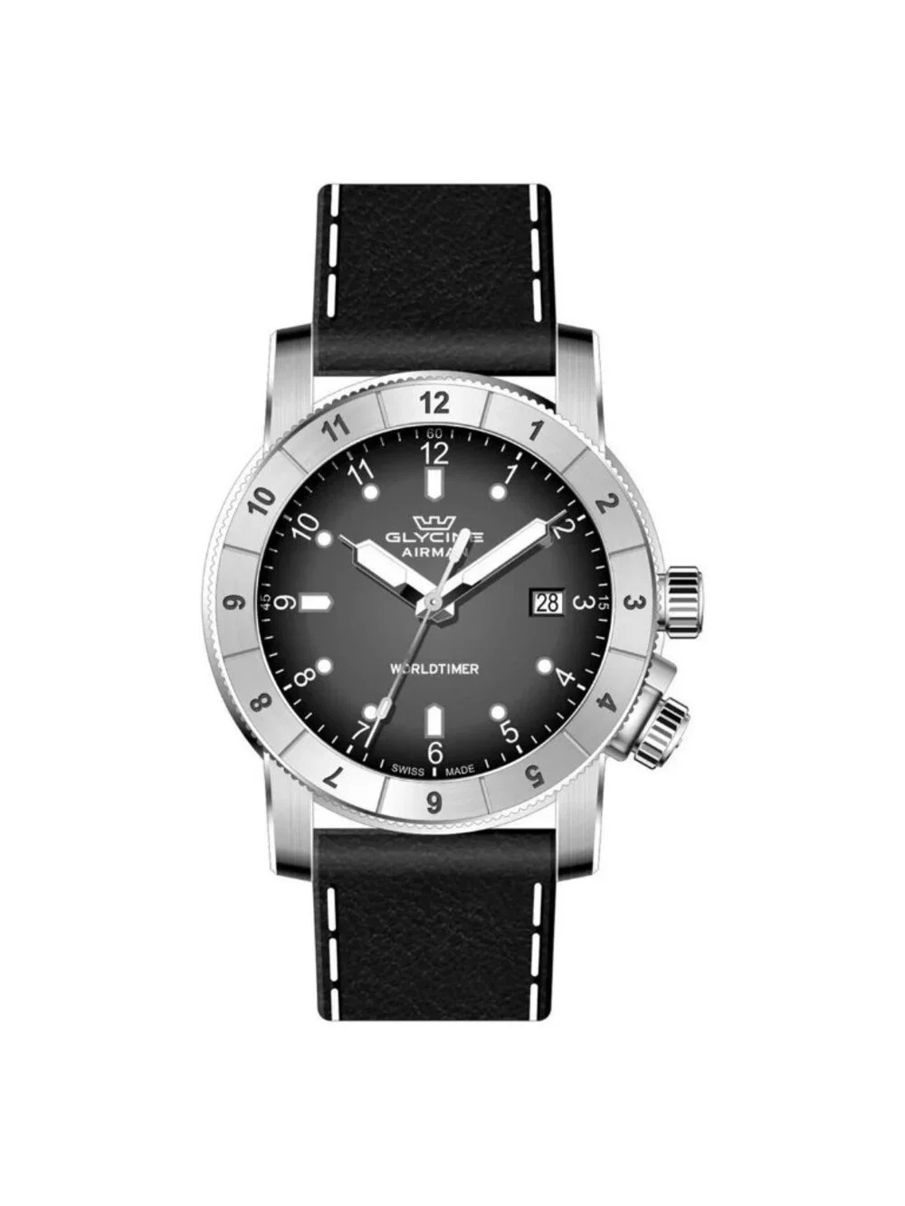 NWT Glycine Airman Contemporary Worldtimer Quartz Black Dial Men's Watch